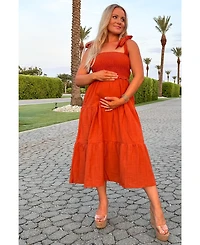 Pinkblush Maternity Beige Bow Strap Tiered Midi Dress