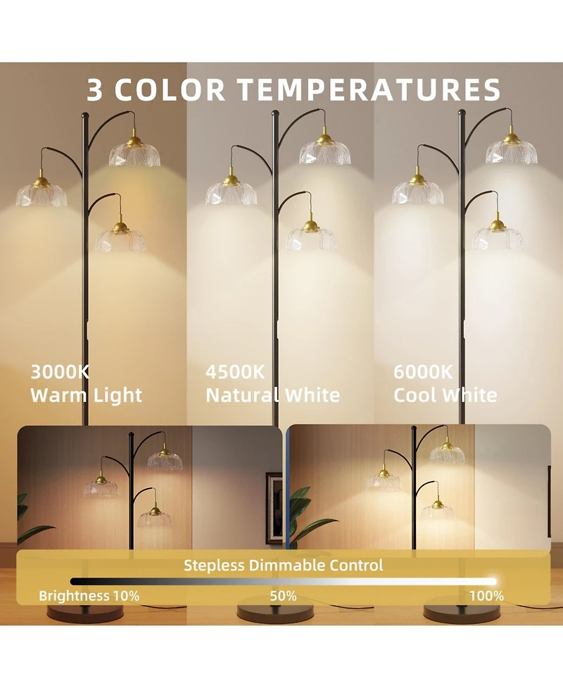 Modern Standing Floor Lamp with Led Bulbs, 3 Adjustable Heads and Petal Glass Shades
