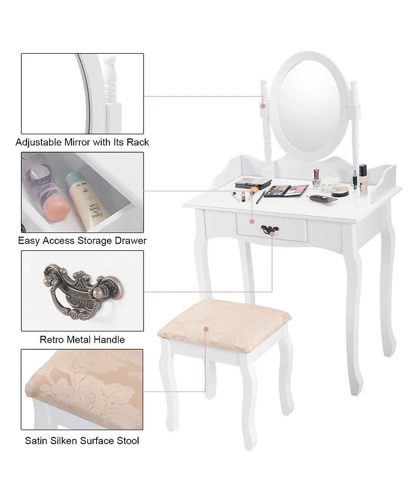 Volenca Wooden Vanity Table Set with Oval Mirror and Cushioned Stool
