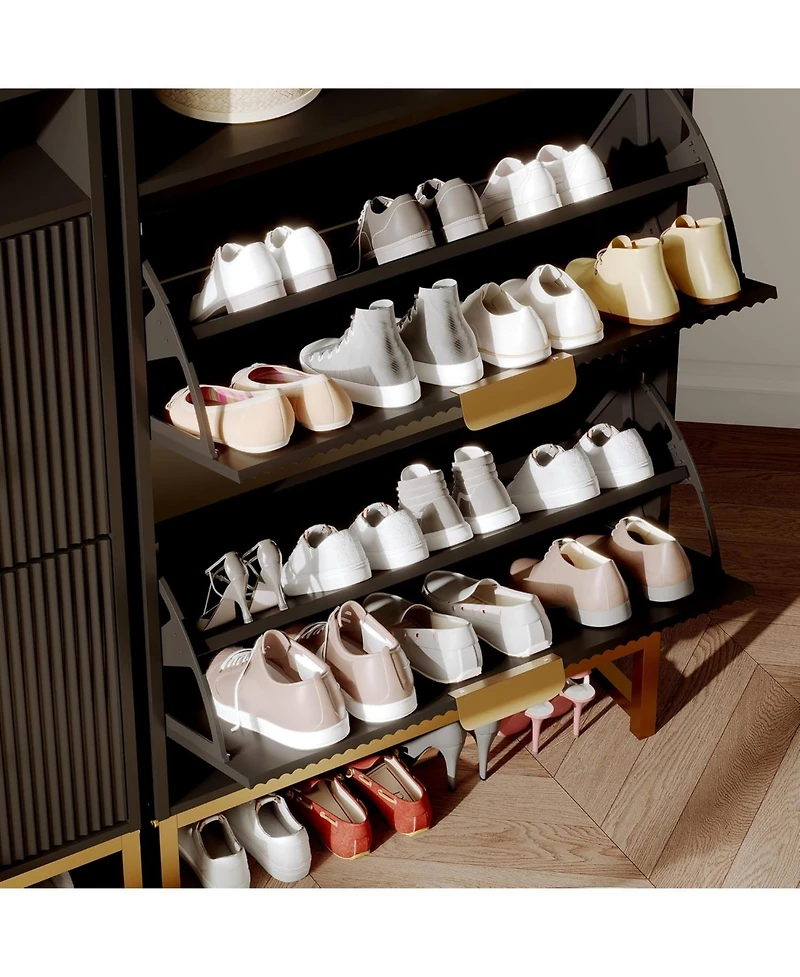 Narrow Shoe Cabinet Storage for Entryway, Modern Fluted Shoe Rack Organizer with 2 Flip Drawers and an Open Shelf for Hallway, Living Room, Black