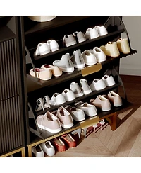 Narrow Shoe Cabinet Storage for Entryway, Modern Fluted Shoe Rack Organizer with 2 Flip Drawers and an Open Shelf for Hallway, Living Room, Black