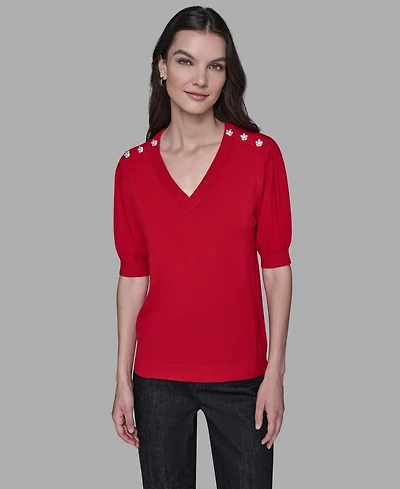 Karl Lagerfeld Paris Women's V-Neck Button Detail Sweater