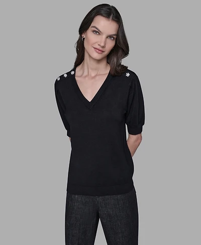 Karl Lagerfeld Paris Women's V-Neck Button Detail Sweater