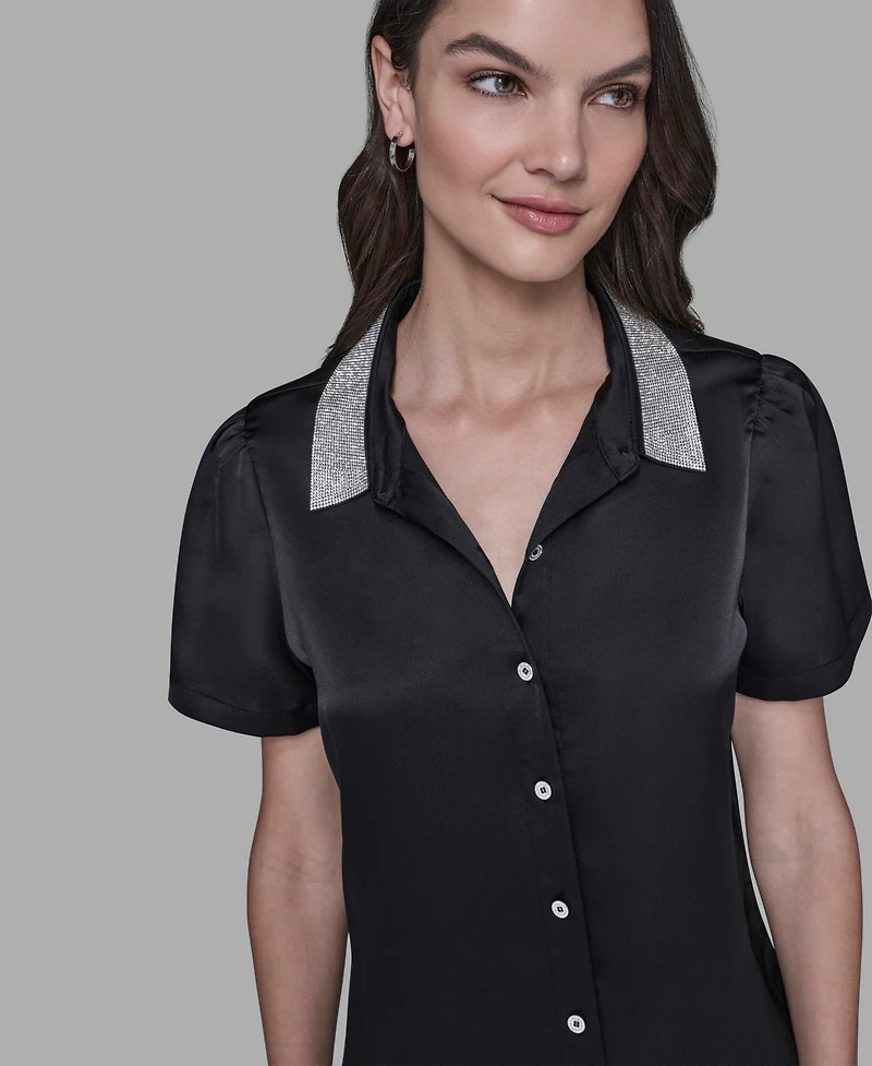 Karl Lagerfeld Paris Women's Collar Embellished Short Sleeve Top