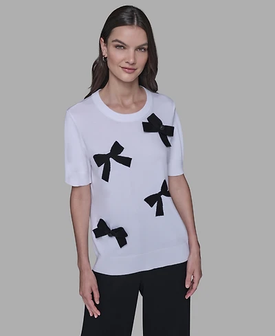 Karl Lagerfeld Paris Women's Short Sleeve Bow Applique Detail Sweater