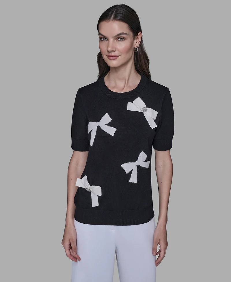 Karl Lagerfeld Paris Women's Short Sleeve Bow Applique Detail Sweater