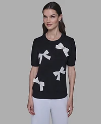 Karl Lagerfeld Paris Women's Short Sleeve Bow Applique Detail Sweater