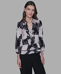 Karl Lagerfeld Paris Women's V-Neck Floral Print Ruffle Detail Top