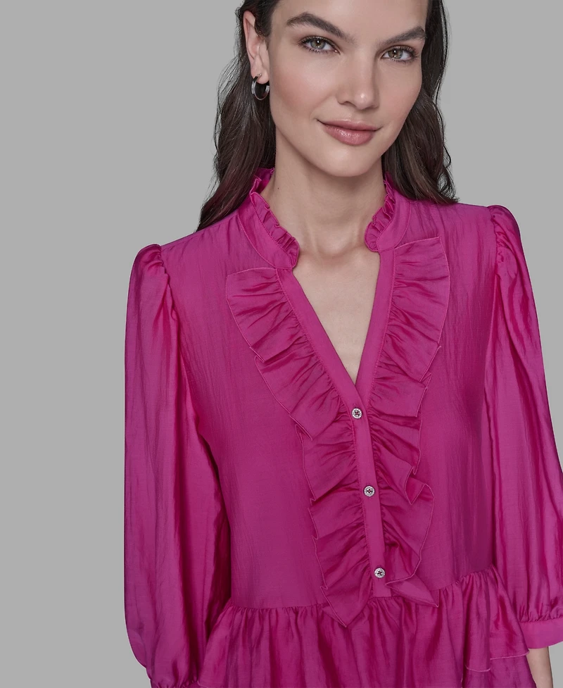 Karl Lagerfeld Paris Women's V-Neck Ruffle Detail Top