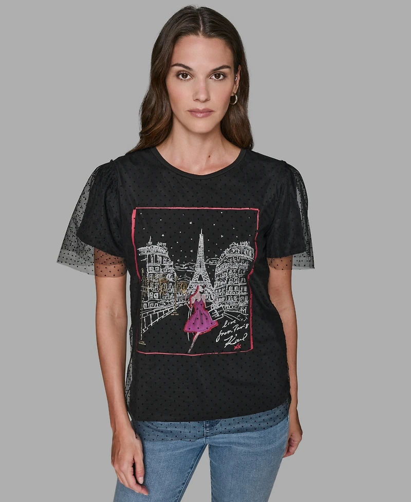 Karl Lagerfeld Paris Women's Crewneck Lace Layer T-Shirt