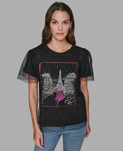 Karl Lagerfeld Paris Women's Crewneck Lace Layer T-Shirt
