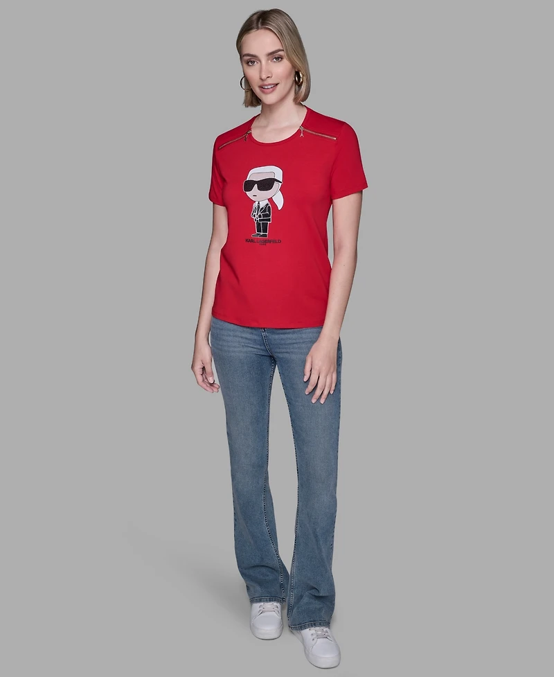 Karl Lagerfeld Paris Women's Crewneck Embellished Zip Shoulder T-Shirt