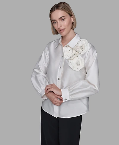 Karl Lagerfeld Paris Women's Collar Rose Applique Detail Top