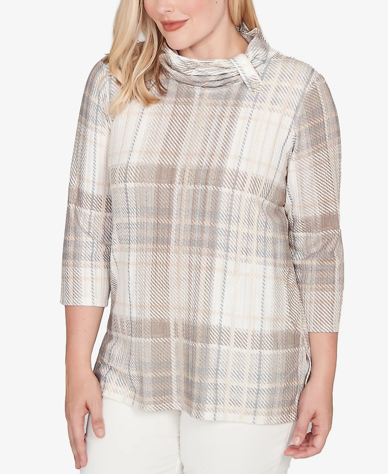 Alfred Dunner Vienna Draped Cowl Neckline Plaid Knit Top