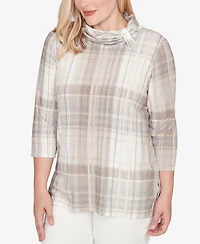 Alfred Dunner Vienna Draped Cowl Neckline Plaid Knit Top