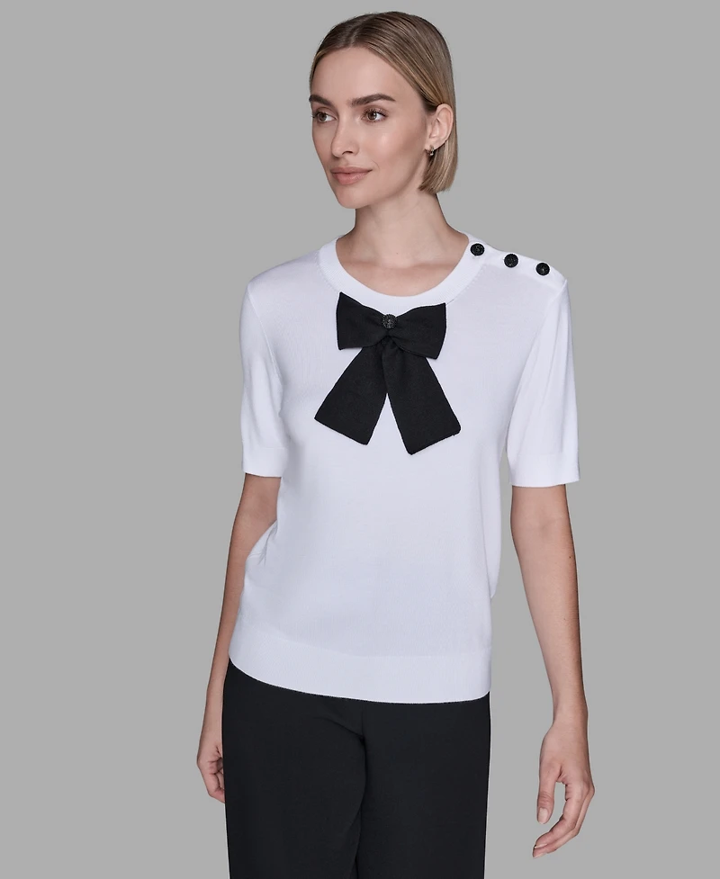 Karl Lagerfeld Paris Women's Crewneck Big Bow Applique Detail Sweater