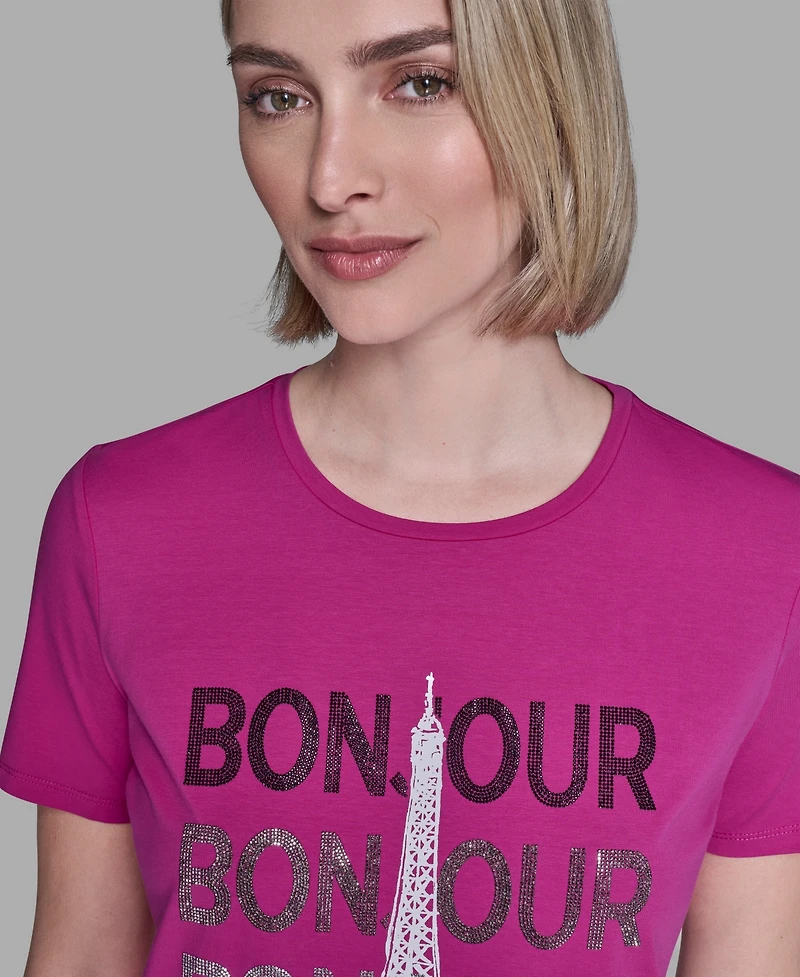 Karl Lagerfeld Paris Women's Crewneck Bonjour Eiffel Tower Embellished T-Shirt