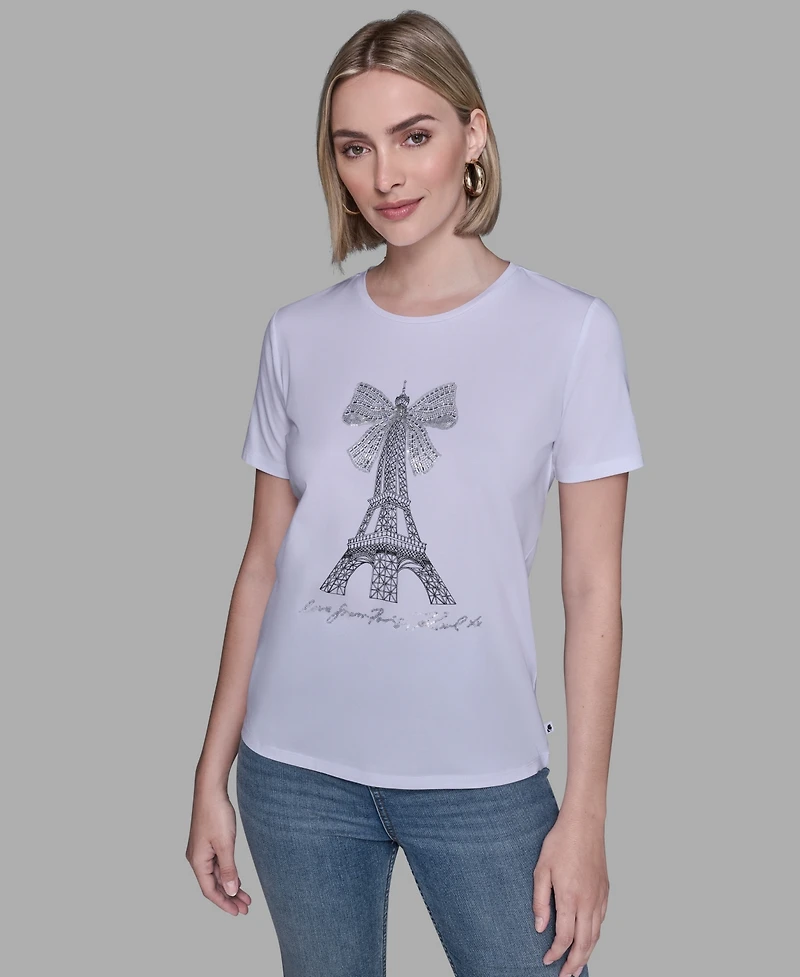 Karl Lagerfeld Paris Women's Crewneck Embellished Bow Eiffel Tower T-Shirt