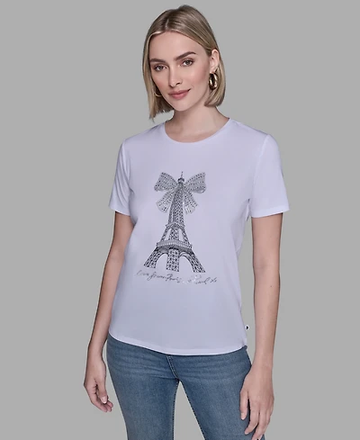 Karl Lagerfeld Paris Women's Crewneck Embellished Bow Eiffel Tower T-Shirt