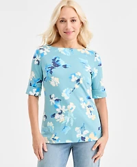 Style & Co Petite Floral Printed Boat Neck Top, Macy's Exclusive