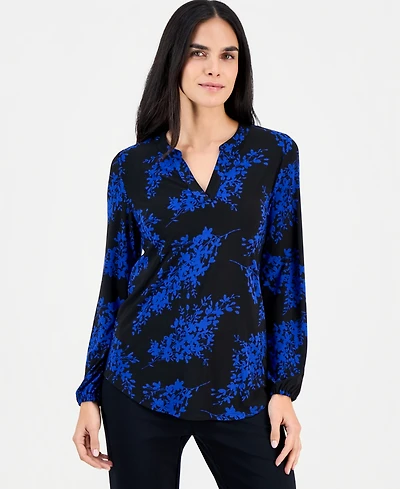 Ak Anne Klein Petite Printed Split-Neck Top