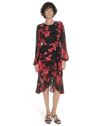 Tommy Hilfiger Petite Long-Sleeve Chiffon Combo Midi Dress