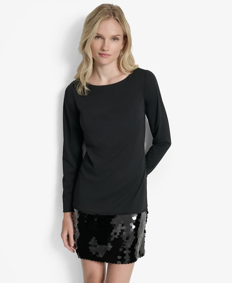 Dkny Women's Long Sleeve Sequin Hem Shift Dress