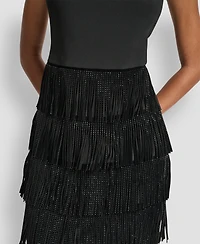Dkny Women's Sleeveless Tiered Studded Fringe Shift Dress