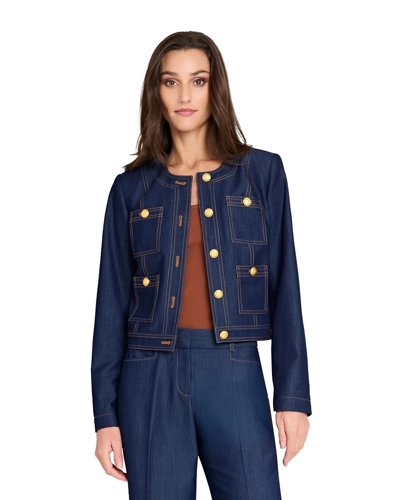 Tahari Asl Women's Denim Cropped Long Sleeve Jacket