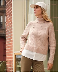 Lands' End Women's Cable Turtleneck with Mock Shirt Detail Sweater