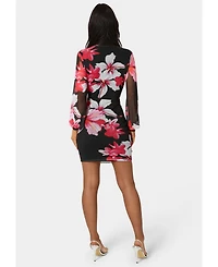 Bebe Women's Long Sleeve Faux Wrap Ruched Mini Dress