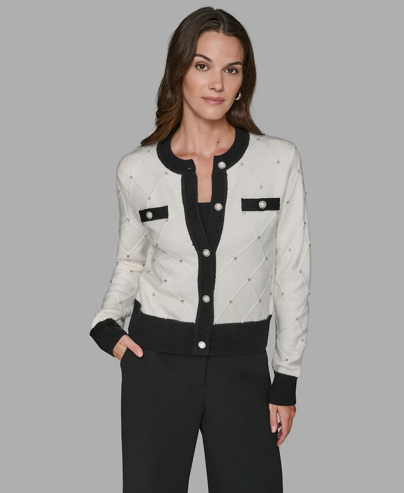 Karl Lagerfeld Paris Women's Crew Neck Front-Button Cardigan Sweater