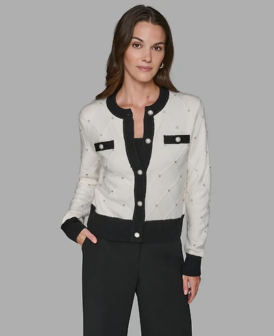 Karl Lagerfeld Paris Women's Crew Neck Front-Button Cardigan Sweater