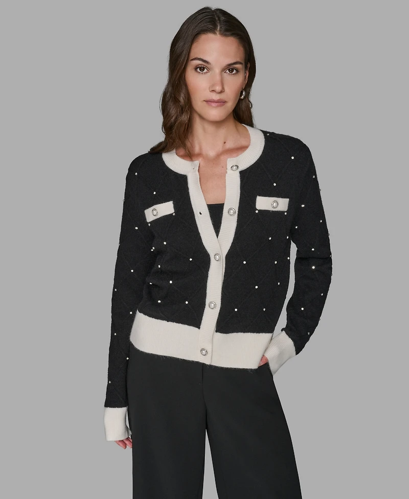 Karl Lagerfeld Paris Women's Crew Neck Front-Button Cardigan Sweater