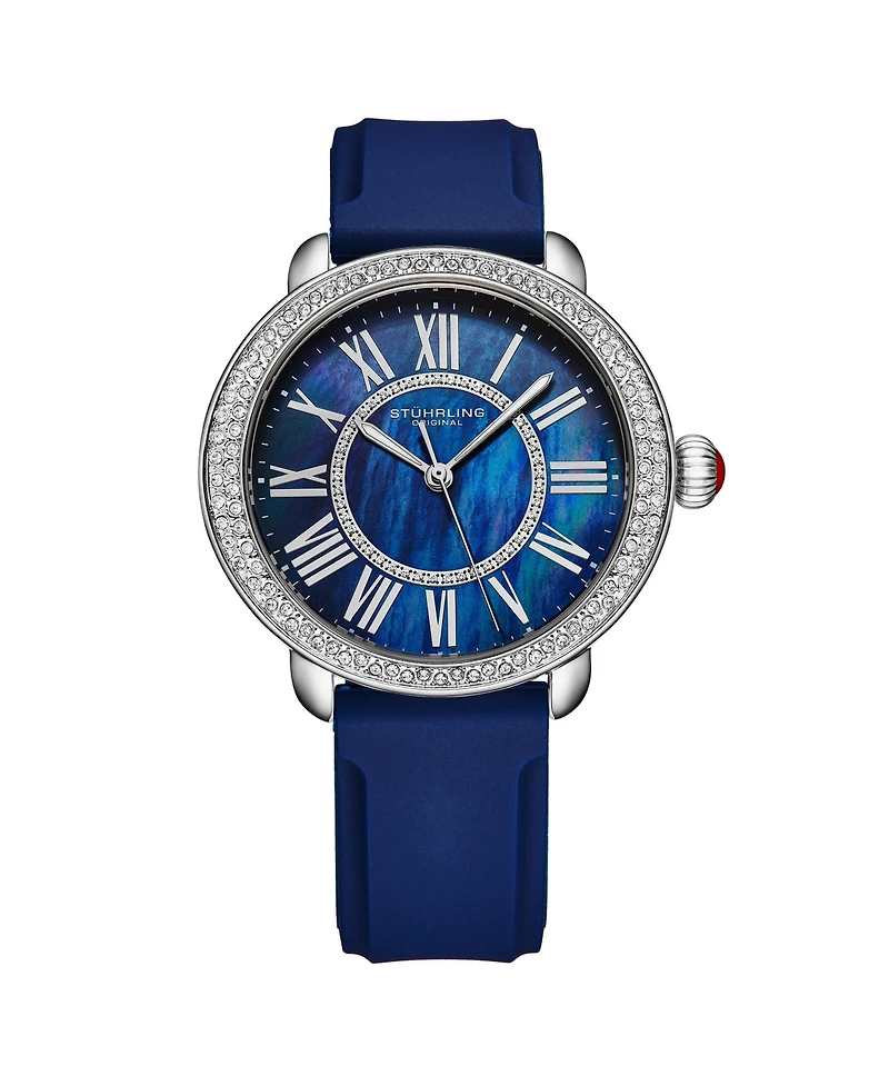 Stuhrling Elegant Women s 40mm Dress Watch – Model 4068, Blue Satin Leather Band, Crystal Accents
