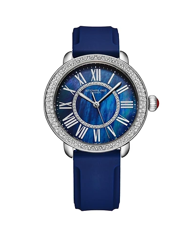 Stuhrling Elegant Women s 40mm Dress Watch – Model 4068, Blue Satin Leather Band, Crystal Accents