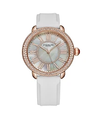 Stuhrling Elegant Women s 40mm Dress Watch – Model 4068, White Satin Leather Band, Rose-Tone Crystal Accents