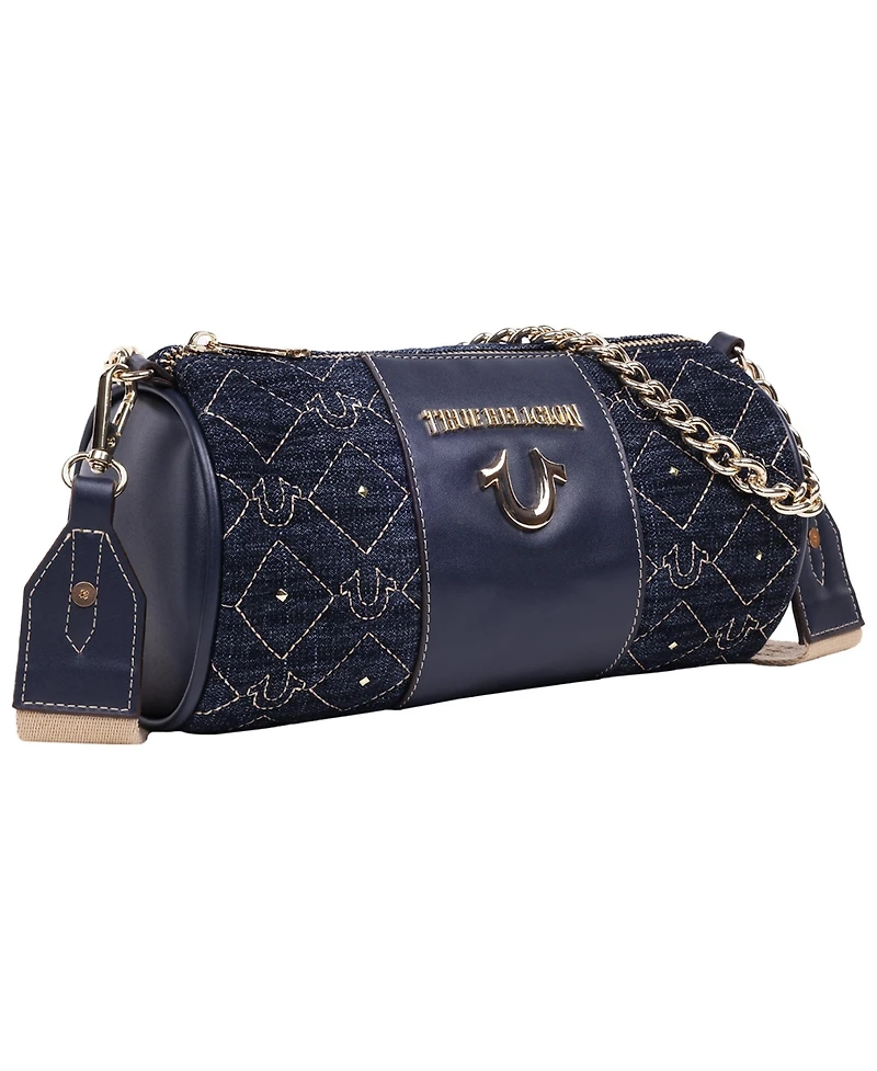 True Religion Studded Denim Zip Top Barrel Bag