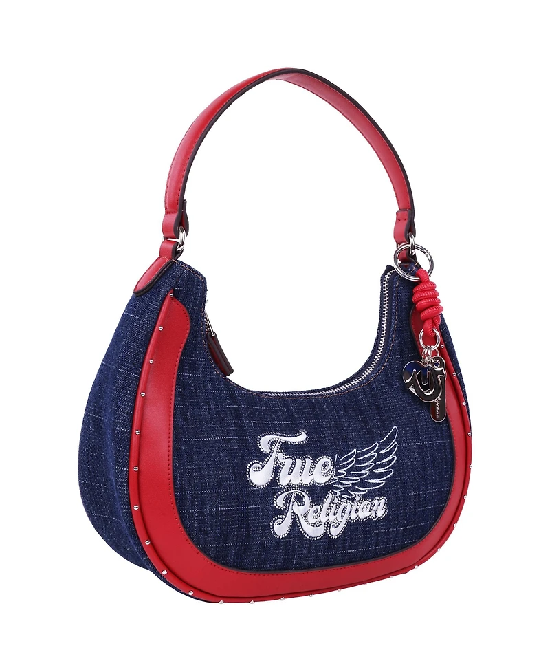 True Religion Wing Motif Denim Hobo Bag with Red Trim