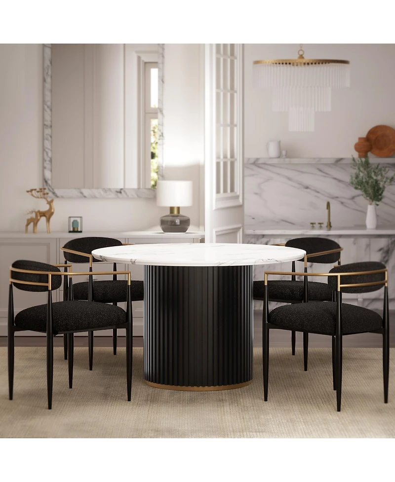 Modern Faux Marble Dining Set With 47" Round Table And 4 Boucle Armchairs for Kitchen Dining Room