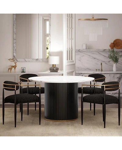 Modern Faux Marble Dining Set With 47" Round Table And 4 Boucle Armchairs for Kitchen Dining Room