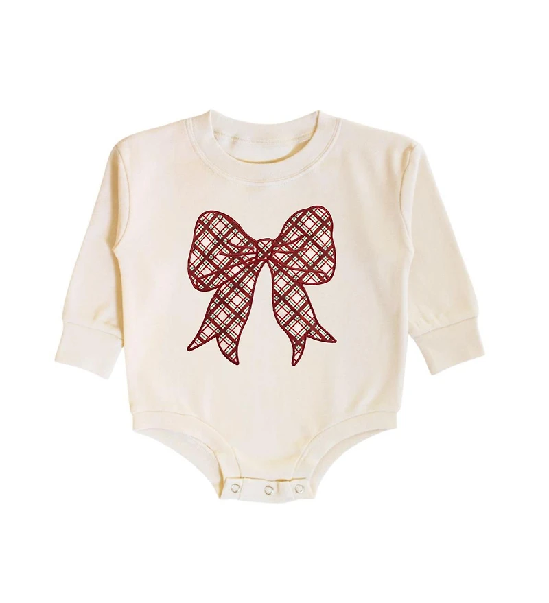 Sweet Wink Baby Girls Christmas Plaid Bow Patch Long Sleeve Romper