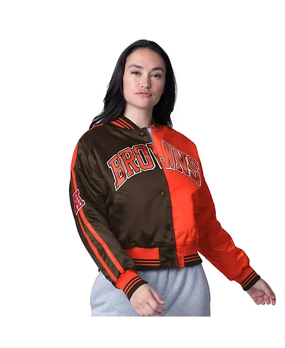 Starter Women's Brown/Orange Cleveland Browns Zone Blitz Cropped Full-Snap Satin Jacket