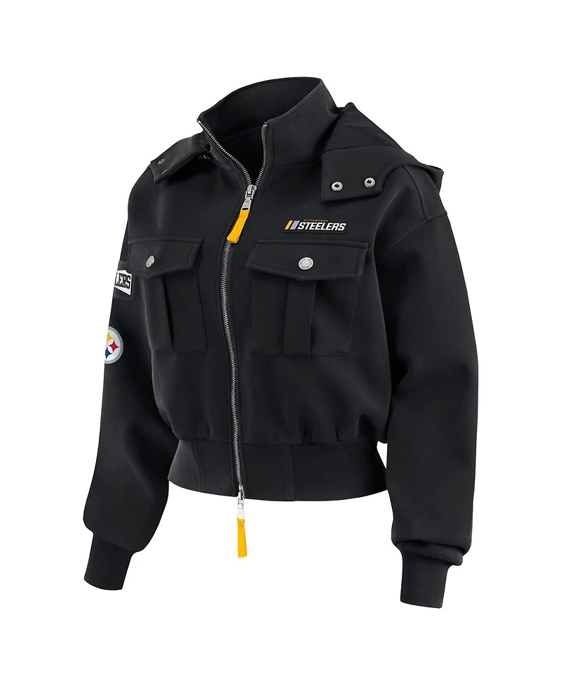 Wear by Erin Andrews Women's Black Pittsburgh Steelers Patch Pocket Cropped Full-Zip Bomber Jacket