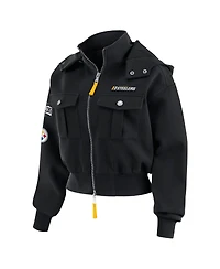 Wear by Erin Andrews Women's Black Pittsburgh Steelers Patch Pocket Cropped Full-Zip Bomber Jacket