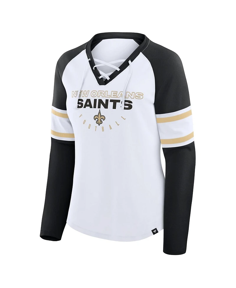 Fanatics Women's White/Black New Orleans Saints Redzone Blitz Package Raglan Lace-Up V-Neck Long Sleeve T-Shirt