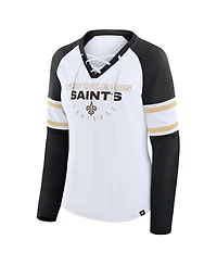 Fanatics Women's White/Black New Orleans Saints Redzone Blitz Package Raglan Lace-Up V-Neck Long Sleeve T-Shirt