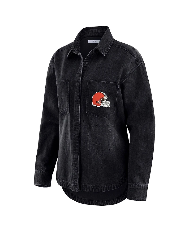 Wear by Erin Andrews Women's Black Cleveland Browns Washed Oversized Denim Full-Snap Shacket