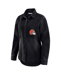Wear by Erin Andrews Women's Black Cleveland Browns Washed Oversized Denim Full-Snap Shacket