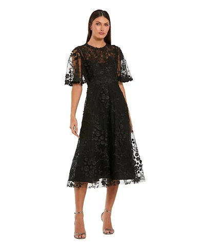 Mac Duggal Women's Flutter Sleeve Embroidered Midi Dress